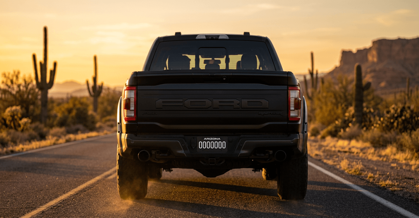Blackout Plate — on a truck in the Arizona desert